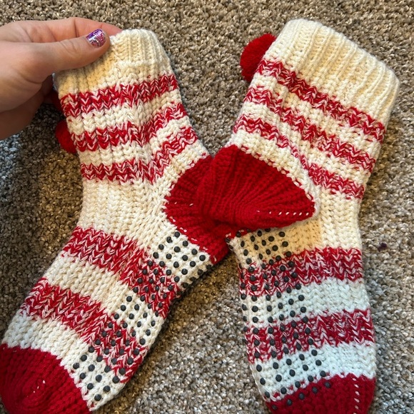 Brand, new red and white pom-pom candy, cane, crochet socks - Picture 2 of 2
